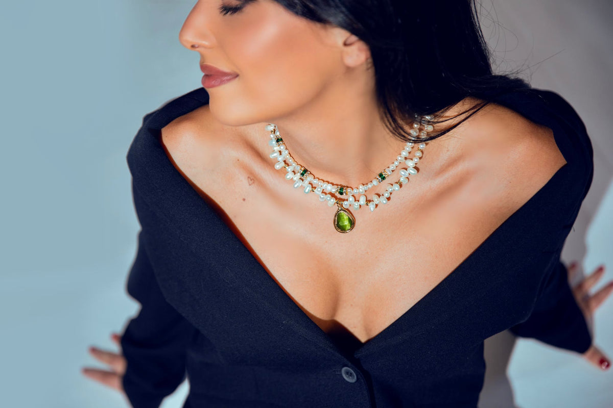 Pearl Teardrop necklace with a green teardrop pendant