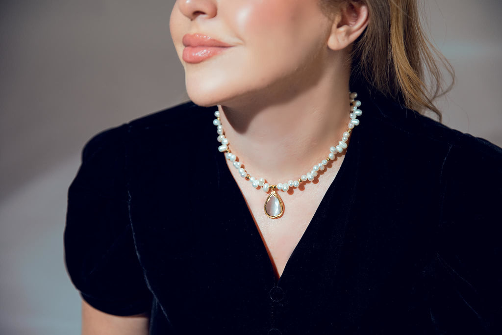 Pearl Teardrop necklace, white, worn